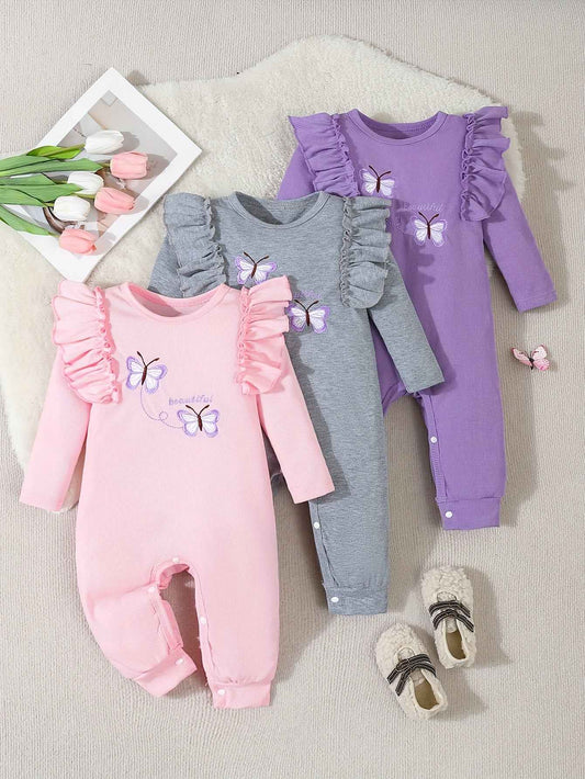 3-Piece Set Cute Knitted Fabric Baby Girl Jumpsuits with Round Neck, Long Sleeve, Elastic Butterfly Pattern, Loose Fit Spring/Fall Collection, For Outdoor