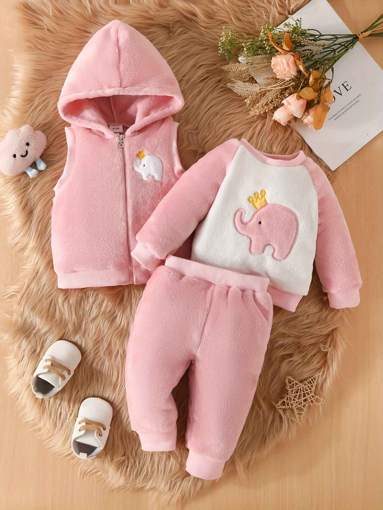 Cute Baby Girl Elephant Embroidered Plush Hooded Jacket, Plush Top + Pants 3pcs Set, A Must Outfits For Winter Fall!