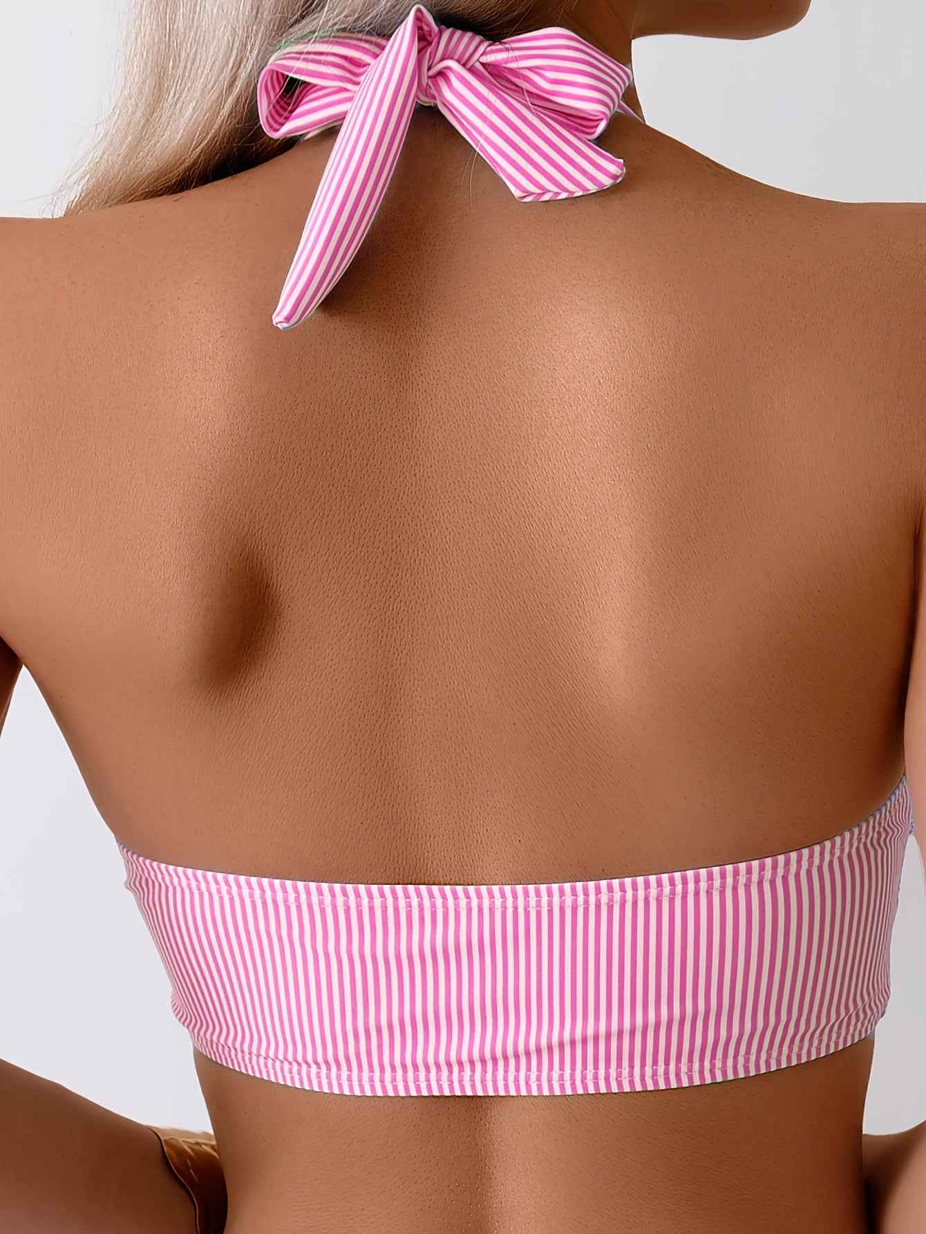 25SS Summer Trend Halter Neck Striped Tie Bikini Swimsuit for Women, Sexy Bikini Two-Piece Set Cross Beach Vacation Swimwear