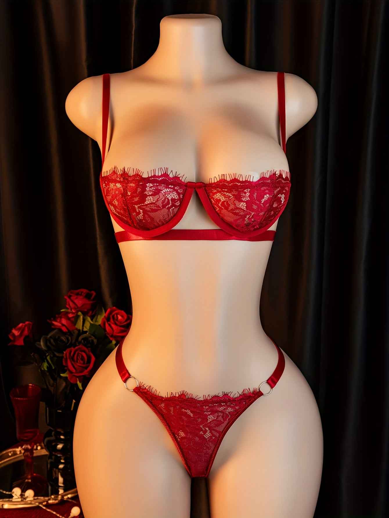 Elegant Red Lace Two-Piece Set for Women - Sexy Strapless Bra & Thong with Ribbon Accents, Perfect for Adult Fashion, Adult Fashion | Lace Bralette | Ribbon Accents, Lace lingerie