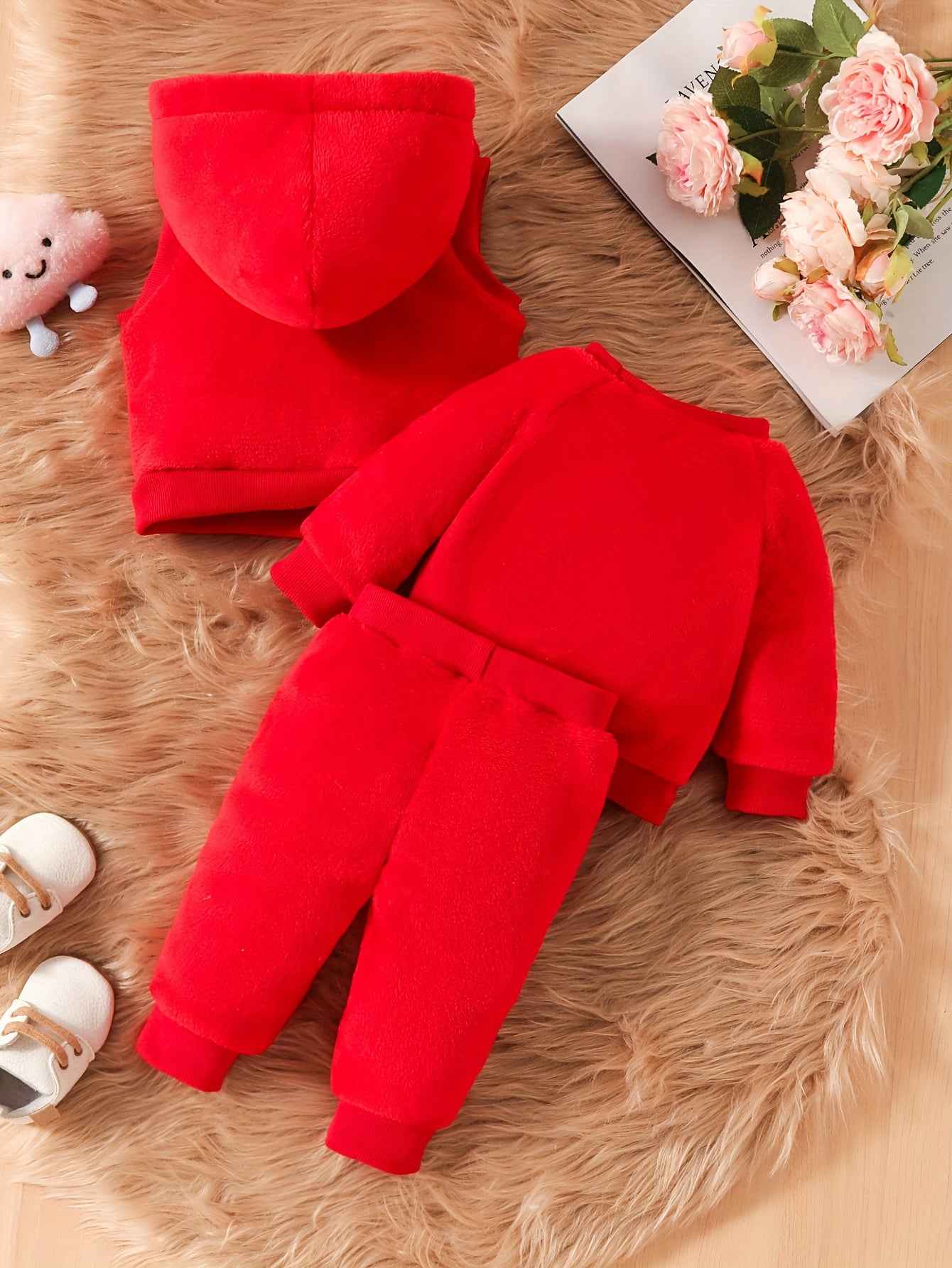 Cute Baby Girl Elephant Embroidered Plush Hooded Jacket, Plush Top + Pants 3pcs Set, A Must Outfits For Winter Fall!