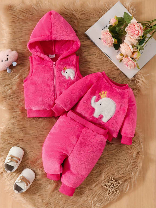 Cute Baby Girl Elephant Embroidered Plush Hooded Jacket, Plush Top + Pants 3pcs Set, A Must Outfits For Winter Fall!