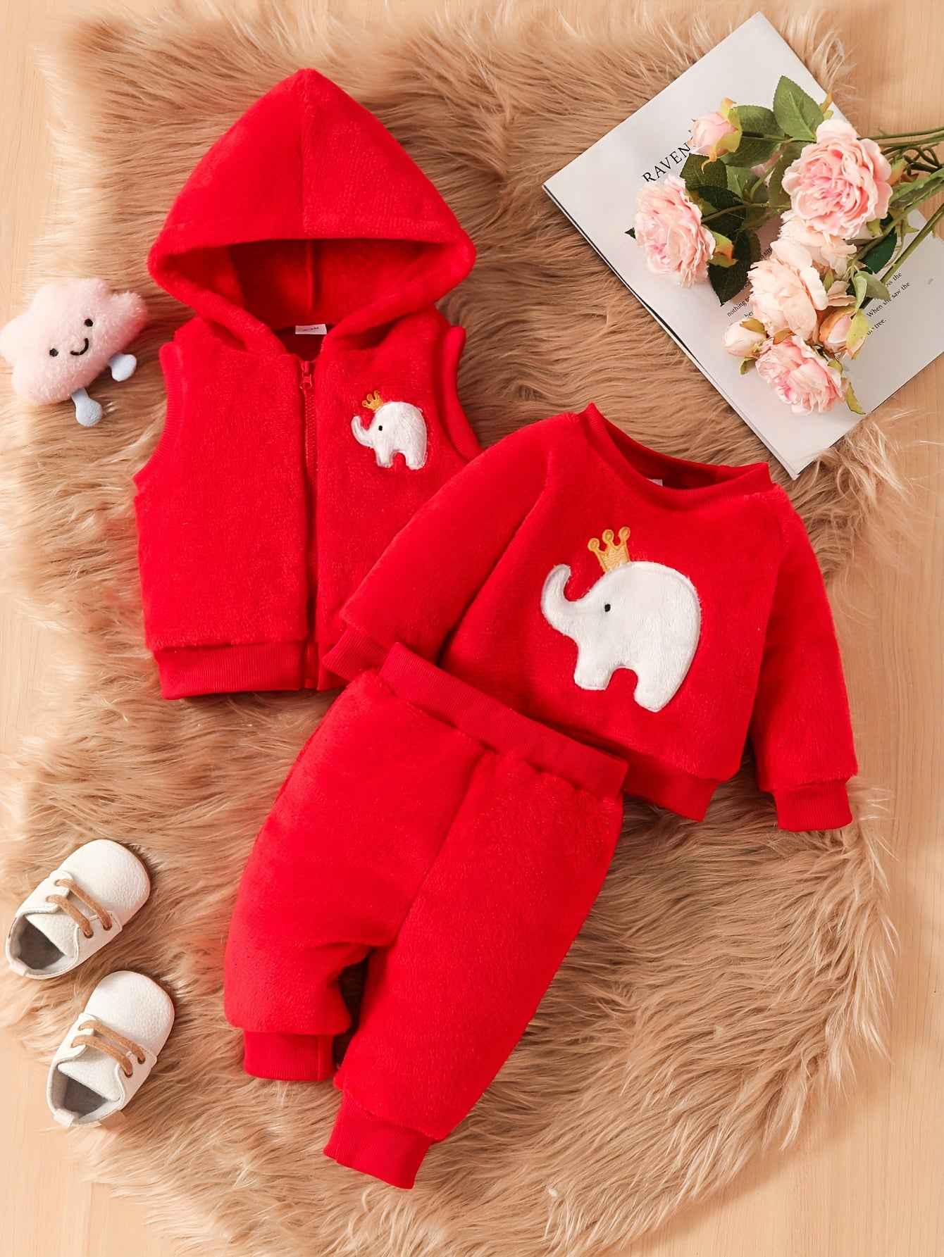 Cute Baby Girl Elephant Embroidered Plush Hooded Jacket, Plush Top + Pants 3pcs Set, A Must Outfits For Winter Fall!