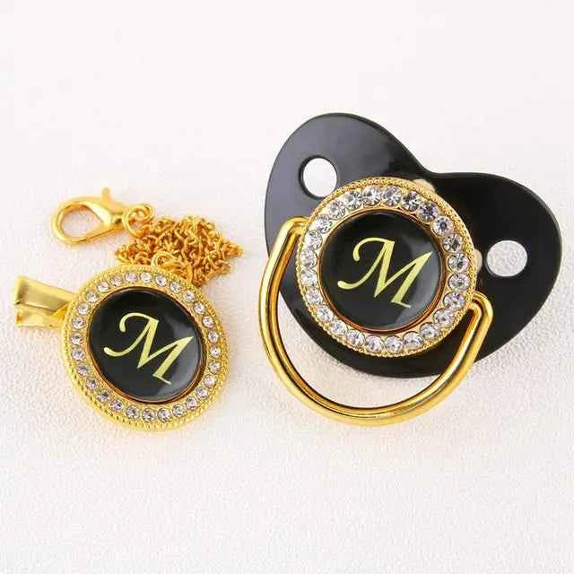 Luxury Black Gold Baby Pacifier with Clip, Letter M