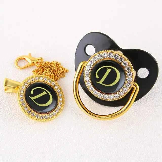 Luxury Black Gold Baby Pacifier with Clip, Letter M