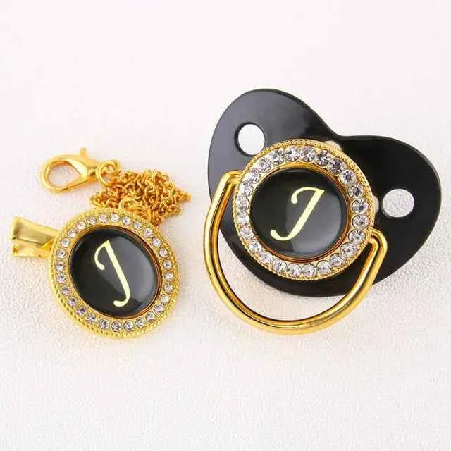 Luxury Black Gold Baby Pacifier with Clip, Letter M