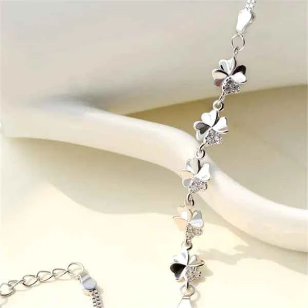 Floral Bracelet with Full Diamond Four-Leaf Clover