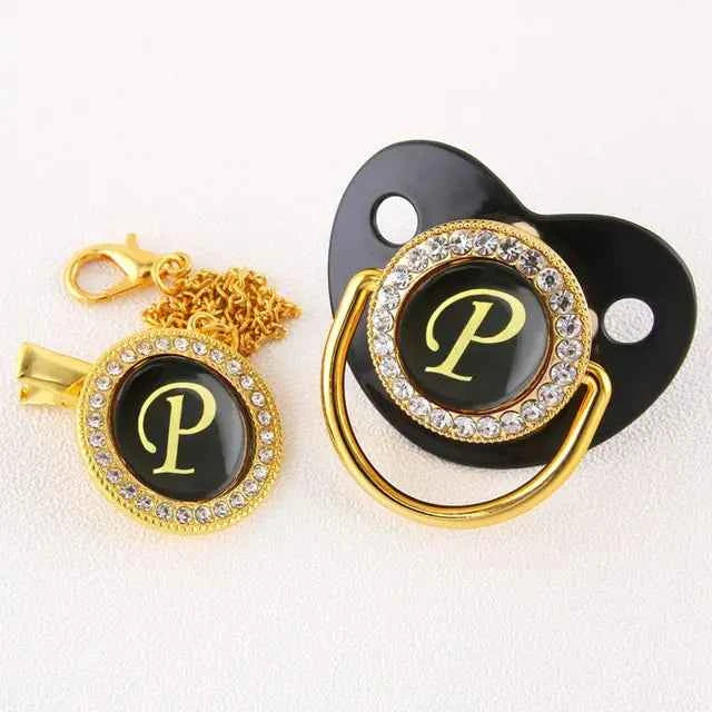 Luxury Black Gold Baby Pacifier with Clip, Letter M