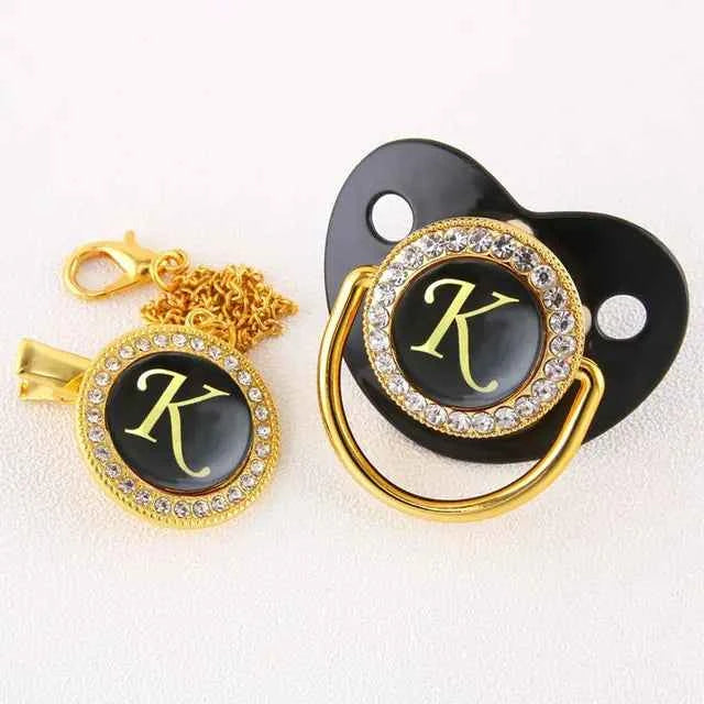 Luxury Black Gold Baby Pacifier with Clip, Letter M