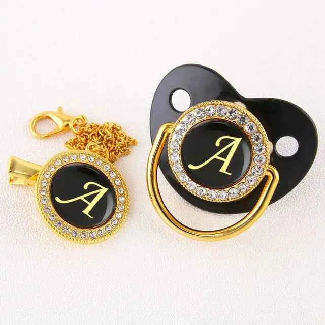 Luxury Black Gold Baby Pacifier with Clip, Letter M