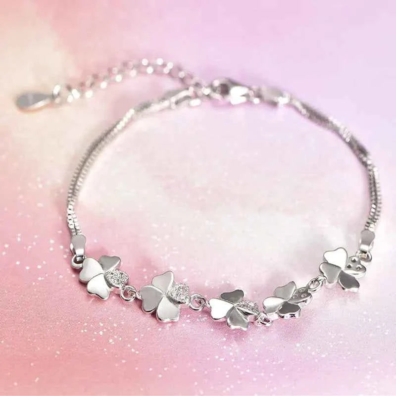 Floral Bracelet with Full Diamond Four-Leaf Clover