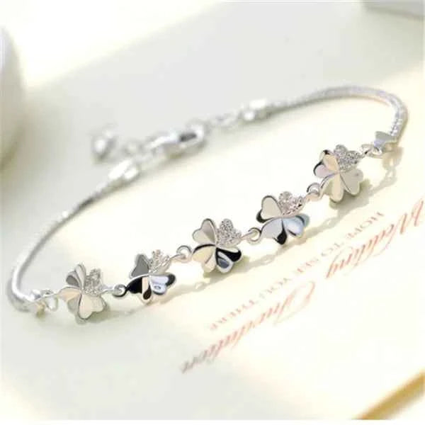 Floral Bracelet with Full Diamond Four-Leaf Clover